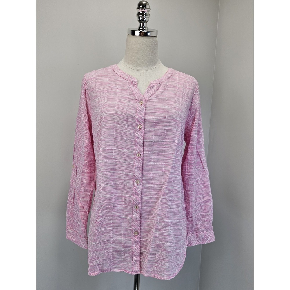 Talbots Womens Pink White Striped Cotton Roll Tab Sleeve Tunic Top Size M